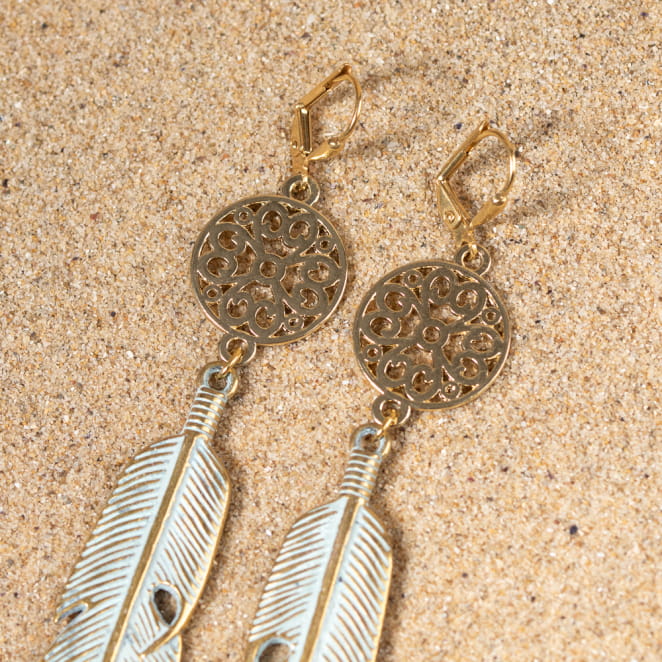 Boucles d'oreilles dorées longues pendentif plume