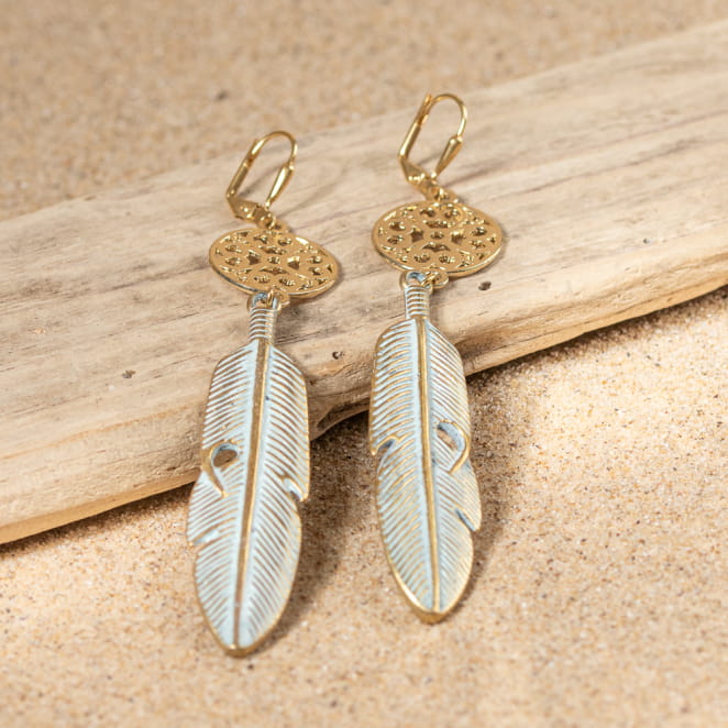 Boucles d'oreilles dorées longues pendentif plume