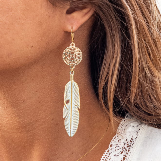 Boucles d'oreilles dorées longues pendentif plume