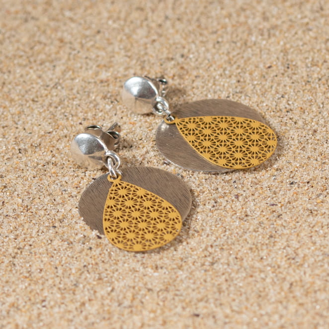 Boucles d'oreilles fantaisie femme argenté et moutarde