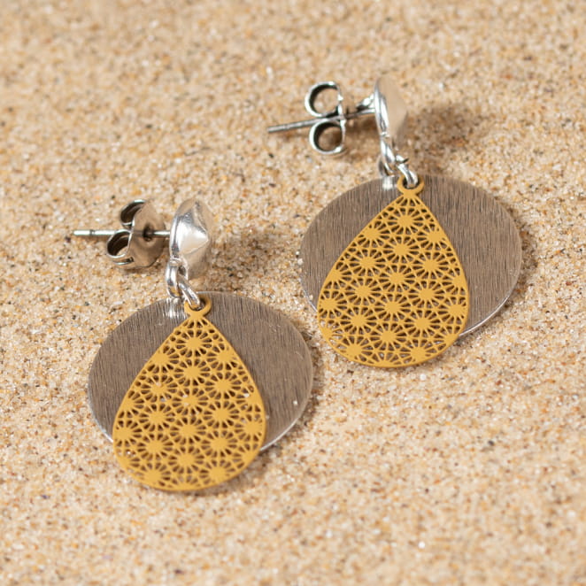 Boucles d'oreilles fantaisie femme argenté et moutarde
