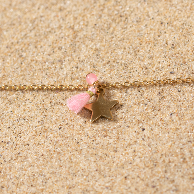 Bracelet fantaisie enfant doré étoile pompon rose