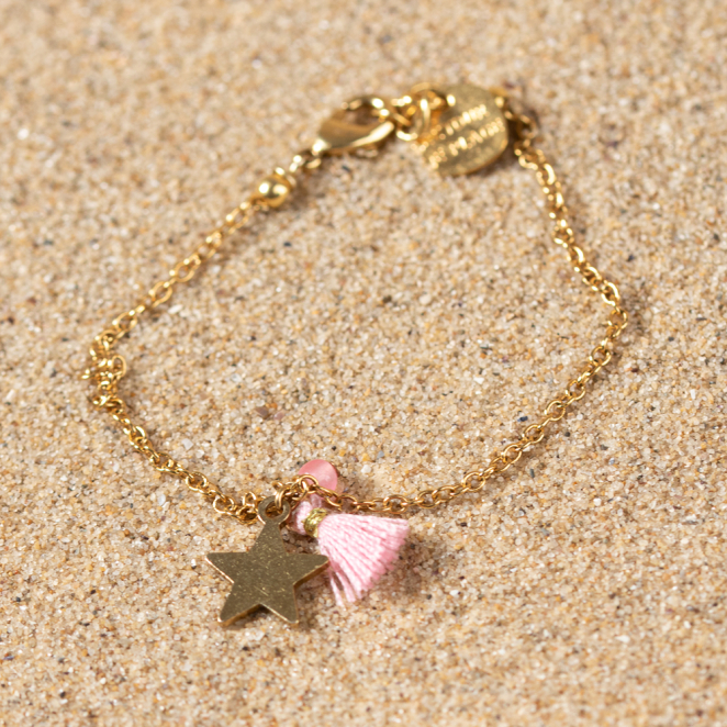Bracelet fantaisie enfant doré étoile pompon rose