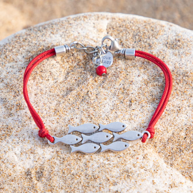 Bracelet fantaisie cordon rouge poisson argenté