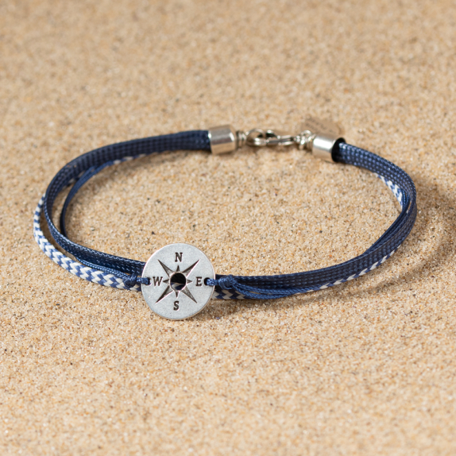 Bracelet homme multirang bleu marine rose des vent argentée