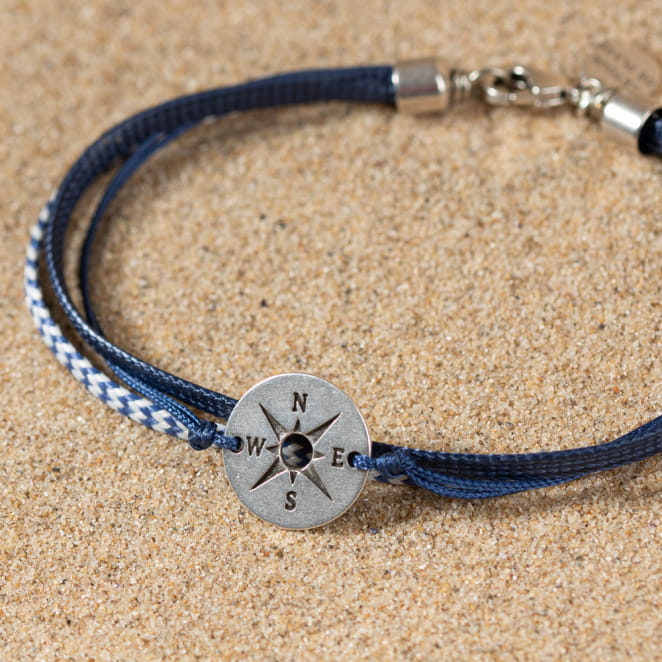 Bracelet homme multirang bleu marine rose des vent argentée