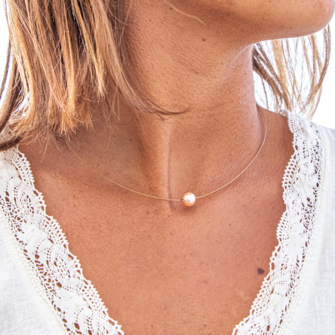 Collier doré rose cable et perle de rivière rose