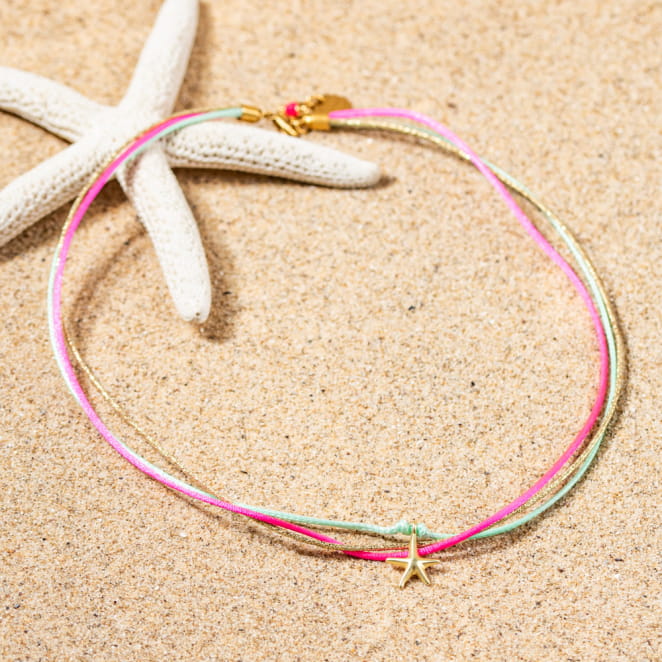 Collier pour enfant Dora doré, rose et bleu turquoise