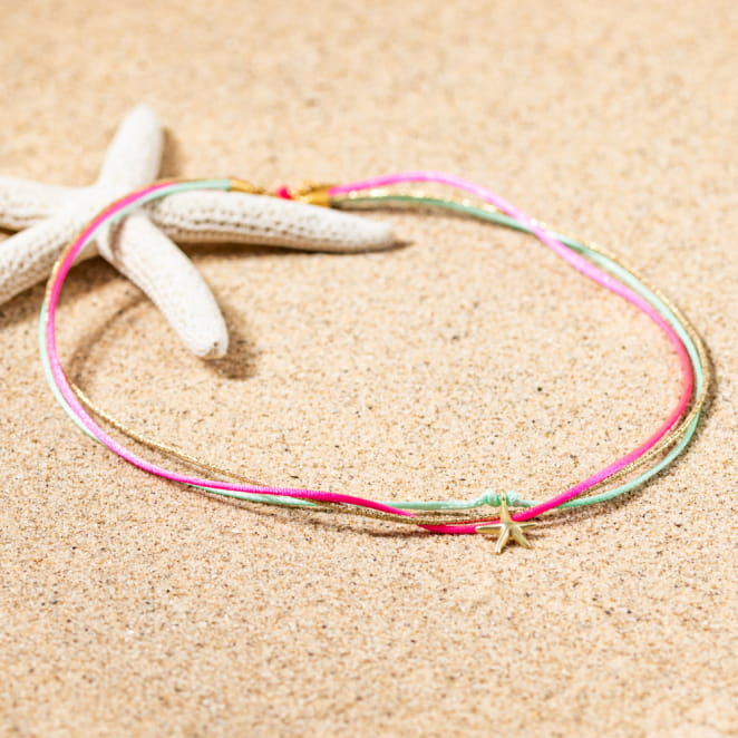 Collier pour enfant Dora doré, rose et bleu turquoise