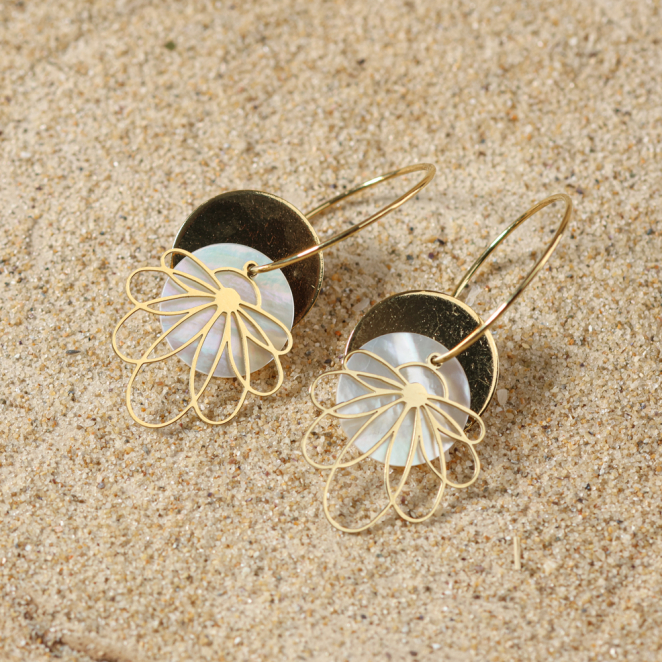 Boucles d’oreilles Elise en métal doré et perles blanches, création artisanale française.