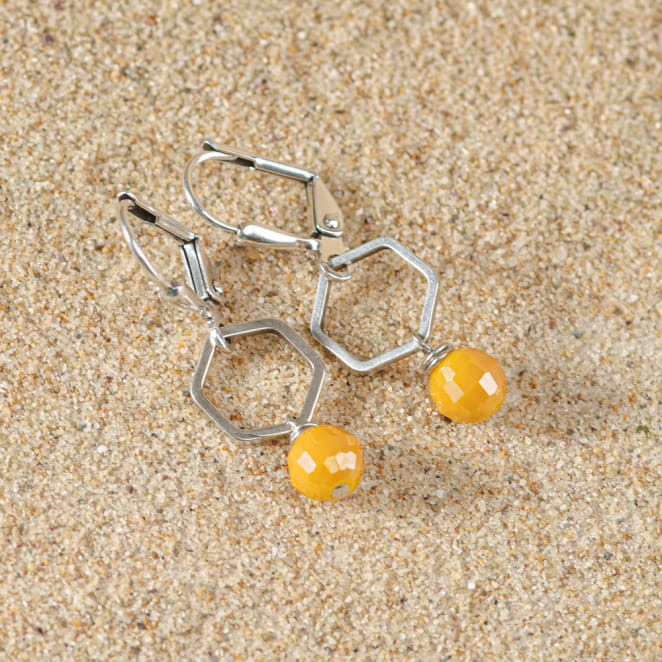 Boucles d’oreilles Victoria perles jaunes en métal argenté, création artisanale française.