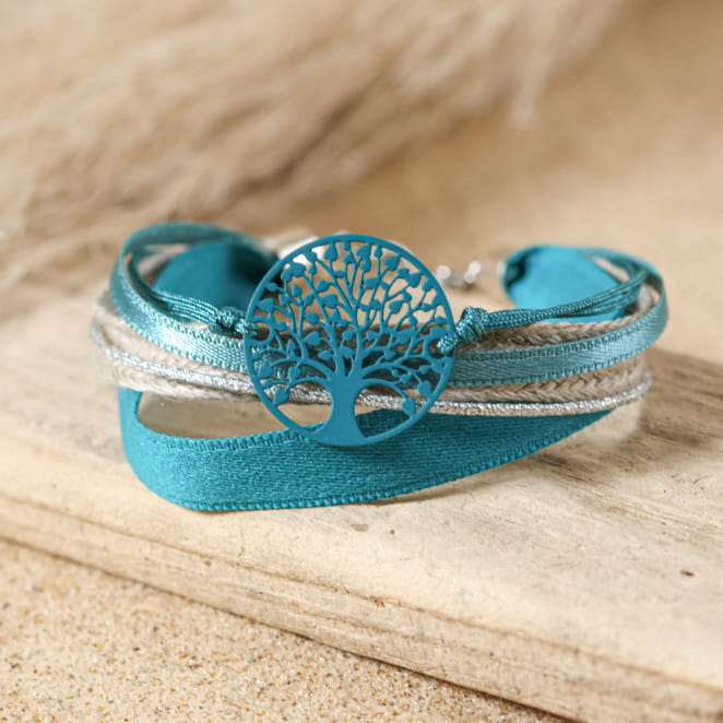 Bracelet Laharie en métal plaqué argent et perles bleu pétrole, fabrication artisanale française.