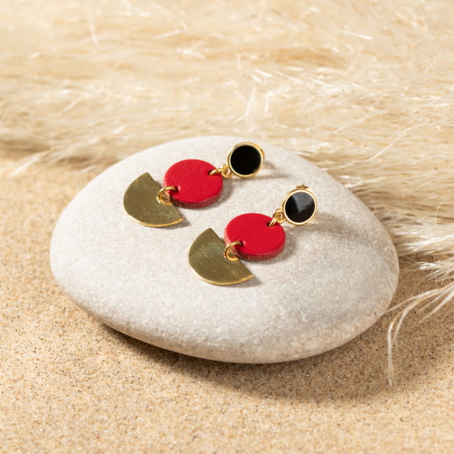 Boucles d'oreilles Encre noir, rouge et doré