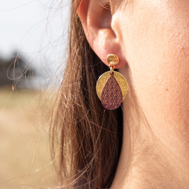 Boucles d'oreilles fantaisie femme doré et bordeaux