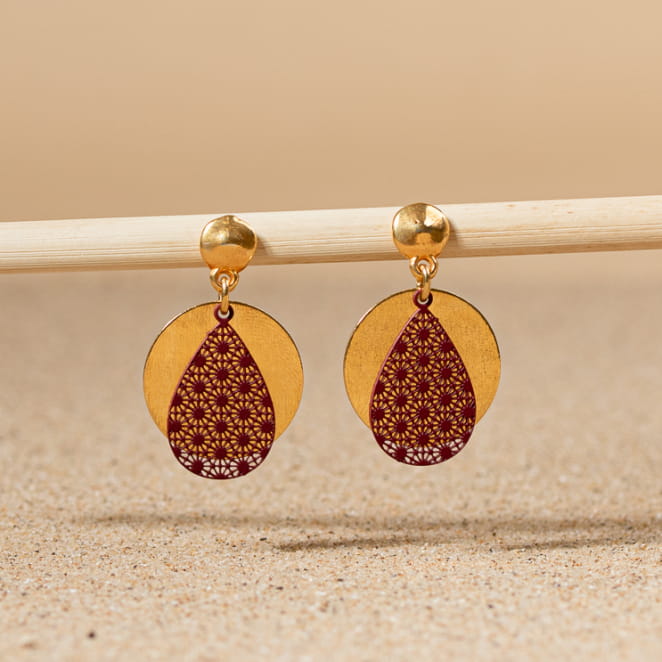 Boucles d'oreilles fantaisie femme doré et bordeaux