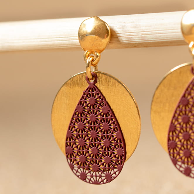 Boucles d'oreilles fantaisie femme doré et bordeaux