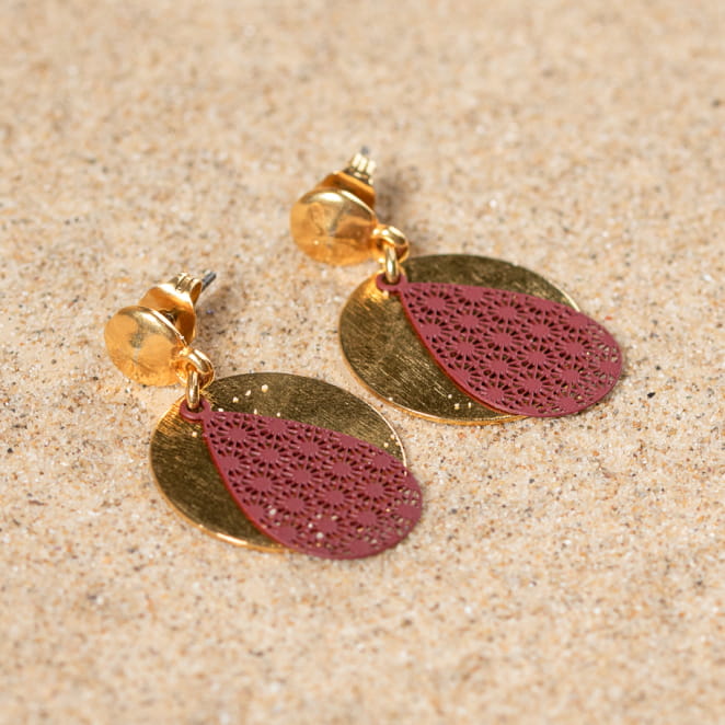 Boucles d'oreilles fantaisie femme doré et bordeaux