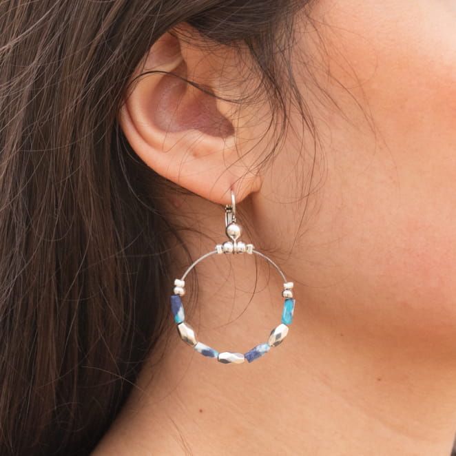 Boucles d'oreilles Trikala argenté et perles turquoises multicolore