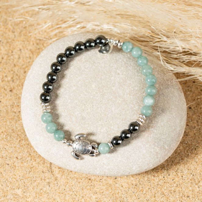 Bracelet pour homme en perles Cuora argenté bicolore et pendentif tortue