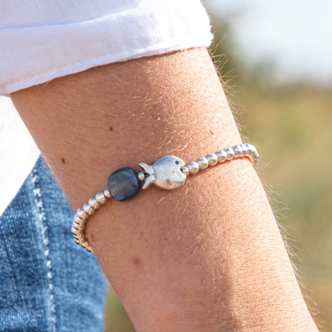 Bracelet fantaisie argenté poisson perle cyanite