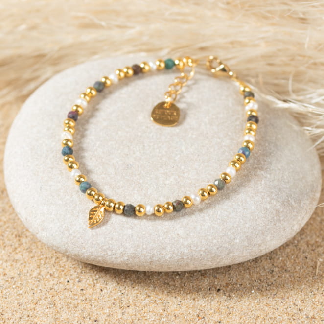 Bracelet Oriana en perles doré, blanc et bleu gris