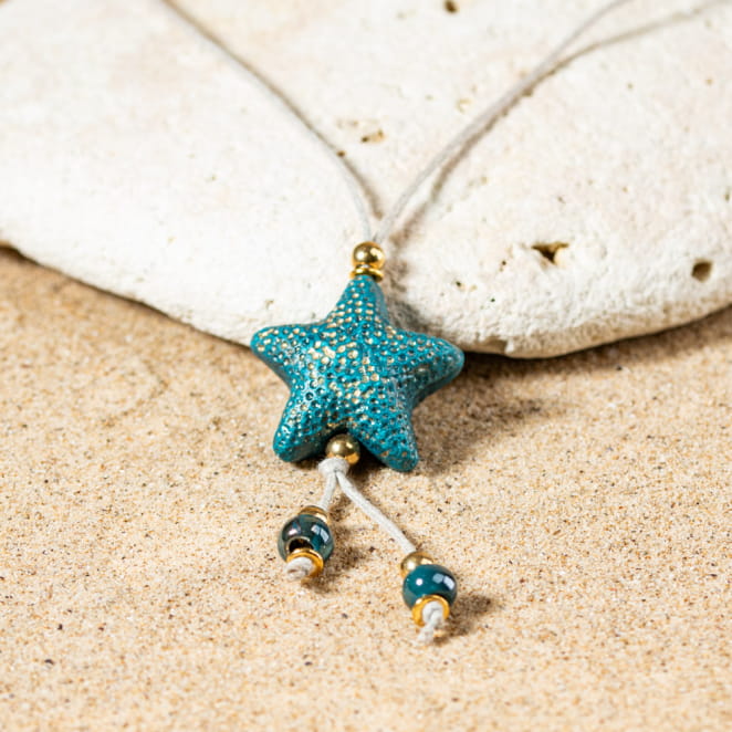 Sautoir pour femme Nausicaa doré et bleu pétrole en céramique