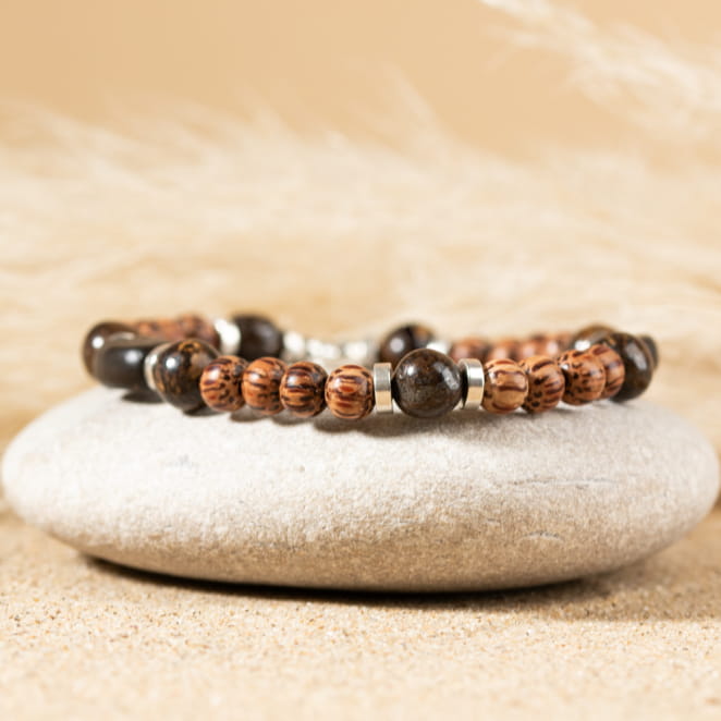 Bracelet en perles pour homme Damien argenté et marron