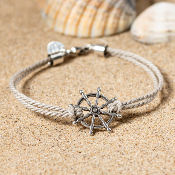 Bracelet en lin Owen pour homme, cordon beige et élément central argenté