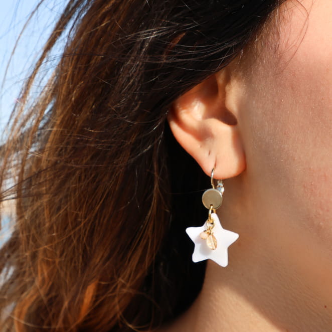 Boucles d’oreilles Dallas en métal doré et pendentifs blanc cassé, bijou artisanal français.