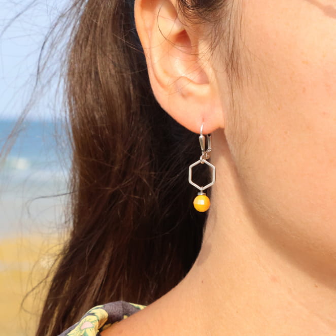 Boucles d’oreilles Victoria en métal plaqué argent et perles jaunes, bijou artisanal fabriqué en France.