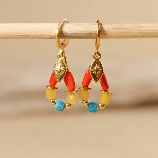 Boucles d’oreilles Bologne en métal doré avec perles multicolores, création artisanale française