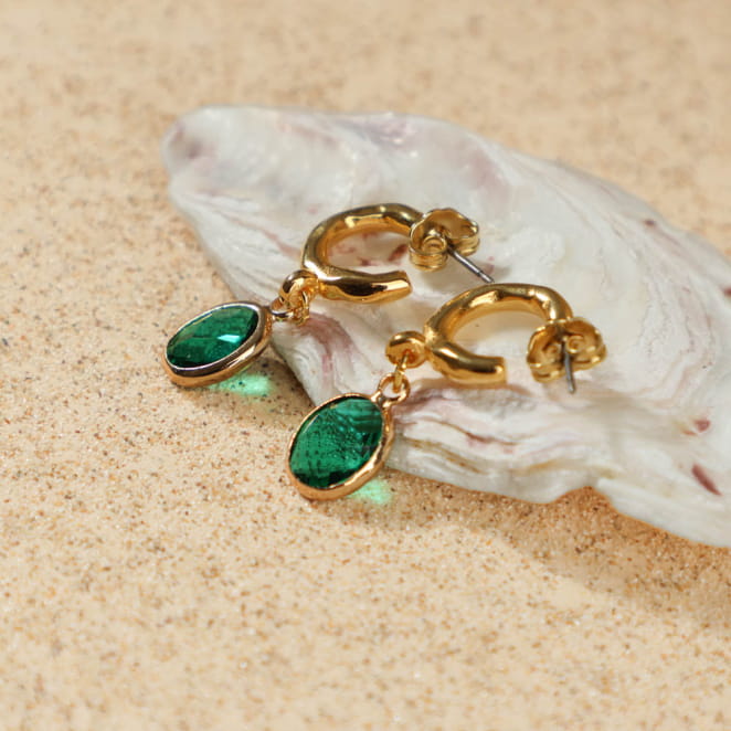 Boucles pendantes vertes et dorées Galante, création artisanale française