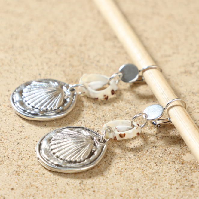 Boucles d’oreilles Hawai argentées posées à plat, montrant leur design élégant avec pendentif coquillage texturé et véritable coquillage ajouré, fait main en France – Retour de Plage