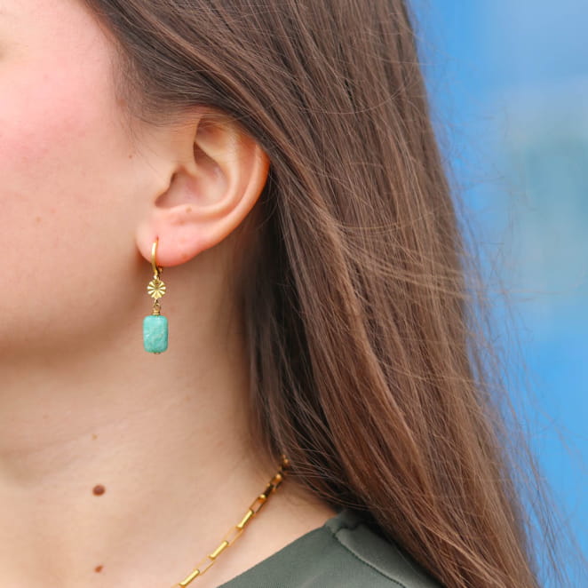 Boucles Margaret dorées, perles vert d’eau, éclat naturel et chic