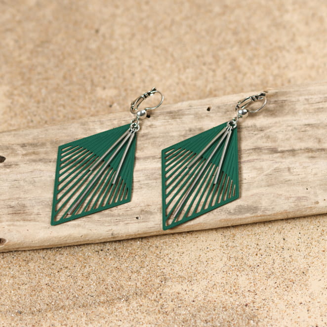 Boucles d'oreilles vert et argenté Marimba. Fabrication française.