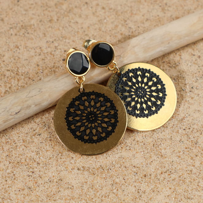 Boucles Plomari dorées avec détails noirs, bijou fait main en France