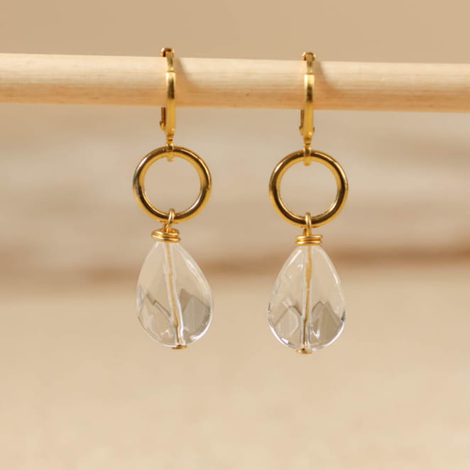 Boucles Tunis dorées avec perles transparentes, bijou fait main en France