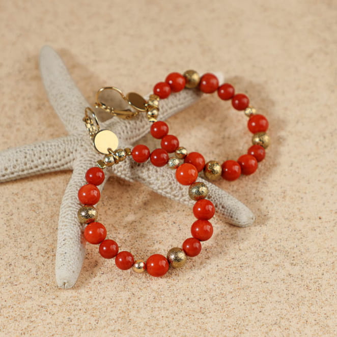 Boucles Zante dorées avec perles rouges, bijou fait main en France
