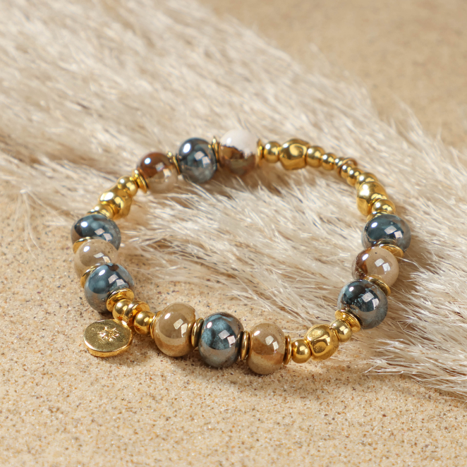 bracelet Constellation doré beige multicolore, bijou artisanal fabriqué à la main en France