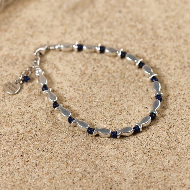 Bracelet poissons argenté et bleu Kelele. Fabrication française.