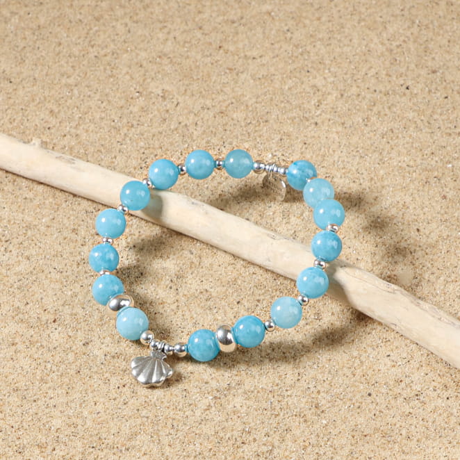 bracelet Konko argenté avec perles bleu ciel et argentées