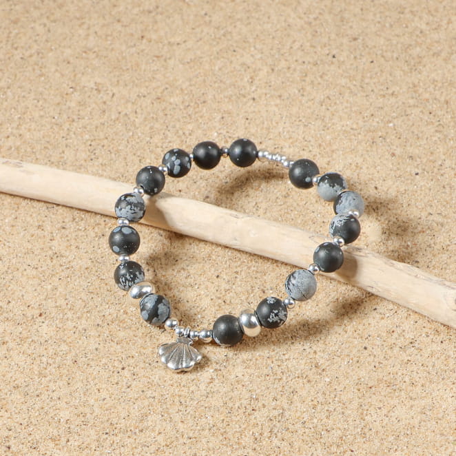 bracelet Konko argenté orné de perles noires et argentées