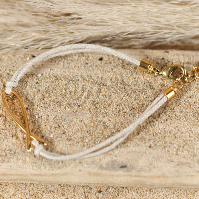 Bracelet Sud en fil doré et perles couleur lin, bijou fait main en France