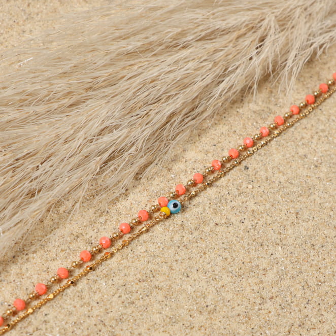 bracelet de cheville Bonita doré avec cordon en perles couleur saumon