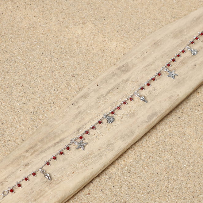 bracelet de cheville Ponta argenté avec perles rouges
