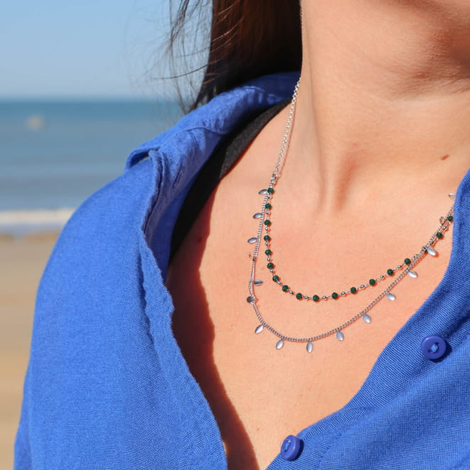 collier Songe argenté vert, bijou artisanal fabriqué en France