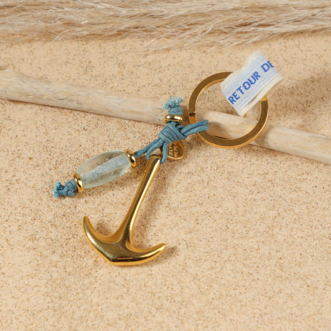 Porte-clés artisanal Bourcefranc en métal doré et perles translucides, Origine France Garantie