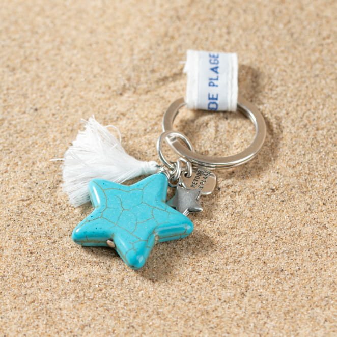 Porte-clés Sable turquoise avec étoile en corde et anneau argenté, inspiration marine.