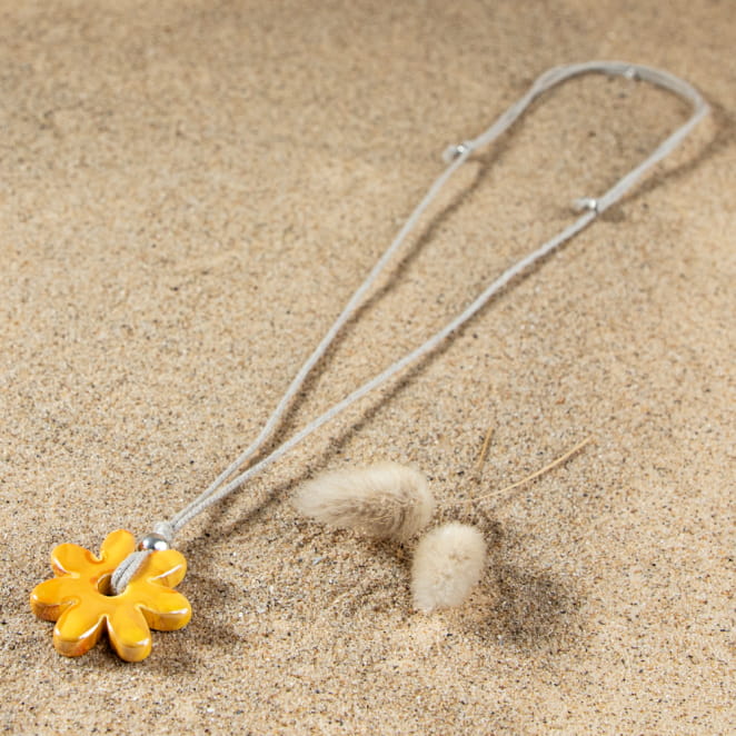 Sautoir fleur en céramique jaune et cordon lin - Jaune - made in france