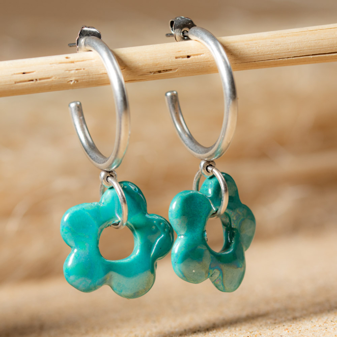 Boucles d'oreilles Anthémis argenté et vert émeraude